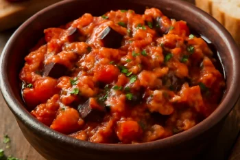 Zacuscă paradicsommal, gazdag ízekkel és zöldségekkel tálalva