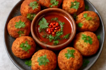 Akara falatkák fűszeres mártással, korianderrel díszítve