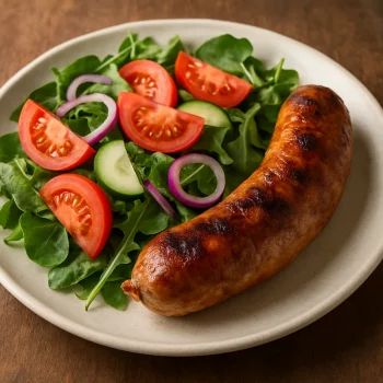 Sült alheira kolbász friss salátával tálalva egy tányéron