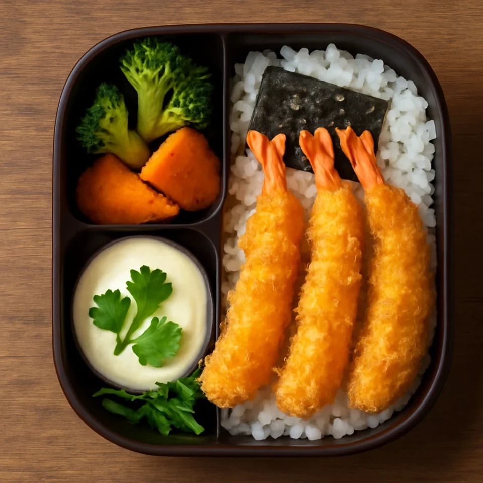 Ebi fry bento dobozban, tálalva rákokkal, sült zöldségekkel és kecskesajtos joghurtos szósszal