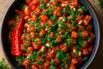 Ezme saláta petrezselyemmel, friss paradicsommal és paprikával tálalva