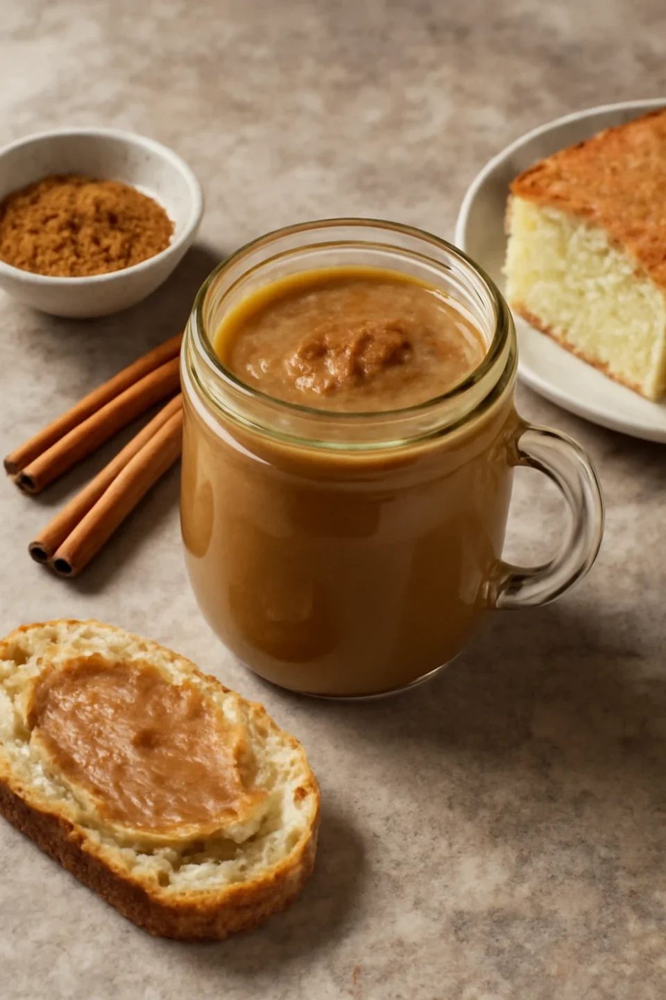 Fahéjas ghee tálalva friss kenyérrel és piskótával