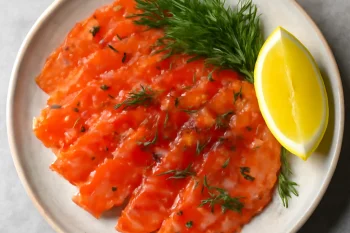 Gravlax chilis pelyhekkel, tálalva friss kaporral és citrommal