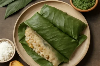 Patholi jackfruittal, gőzölve, tálalva friss chutney-val