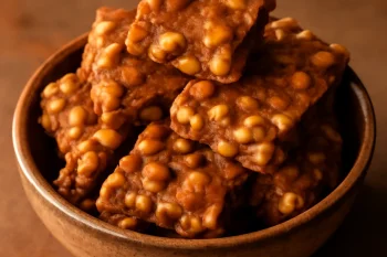 Pé de moleque fahéjjal, egy tálban elhelyezett ropogós édesség karamellizált földimogyoróval