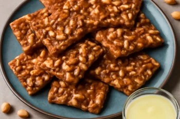 Pé de moleque sűrített tejjel, mogyoróval díszítve