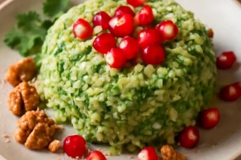 Pkhali káposztával tálalva, friss gránátalmával díszítve