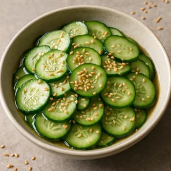 Sunomono uborkával, vékonyra szeletelt uborka édes-savanyú páclében szezámmaggal tálalva