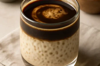 Tapioca puding kávéval, tálalva egy pohárban, tetején egy kis kávé és karamell réteg