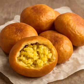 Vetkoek tojásos töltelékkel, sült gombócok aranybarna színben