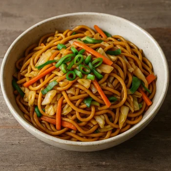 Yakisoba zöldségekkel, pirított tészta színes zöldségekkel tálalva