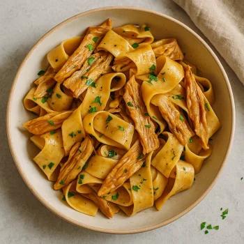 Yuba pappardelle tésztával, szójaszószos tofu bőr szélesmetélt tálalva