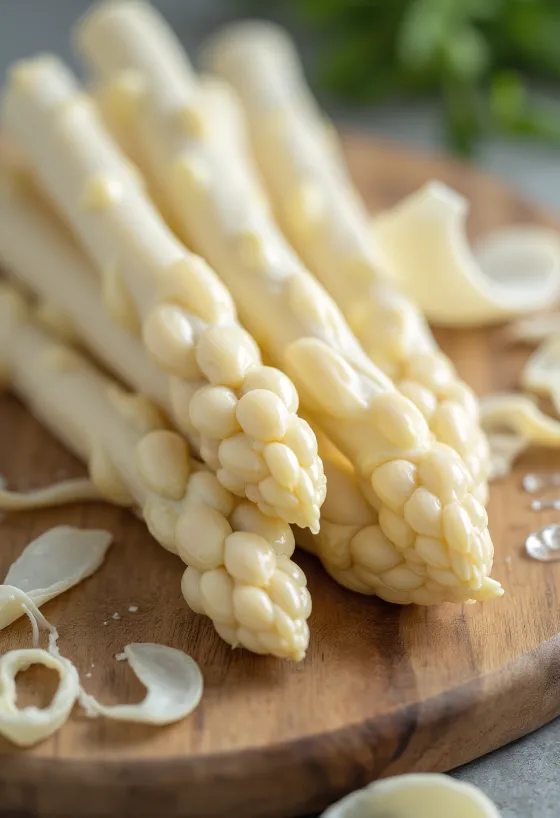 Fehér spárga friss, elegáns megjelenésben, rusztikus fa háttér előtt