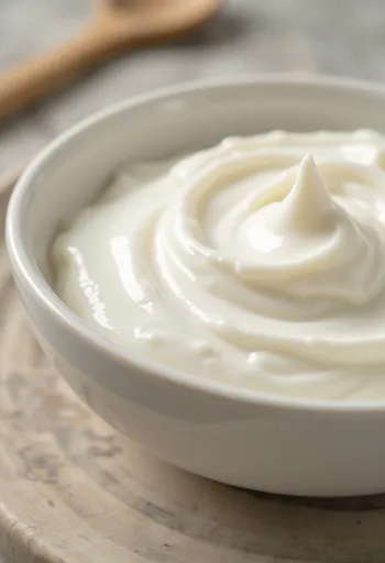 Natúr joghurt üvegtálban, kanállal, fa konyhapulton