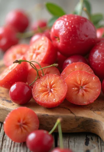 Friss acerola cseresznye felvágva és egészben semleges felületen