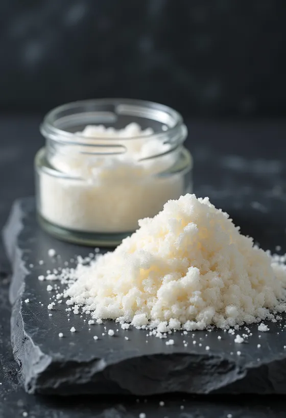 Agar-agar por kis tálkában, mellette fakanál, világos háttérrel
