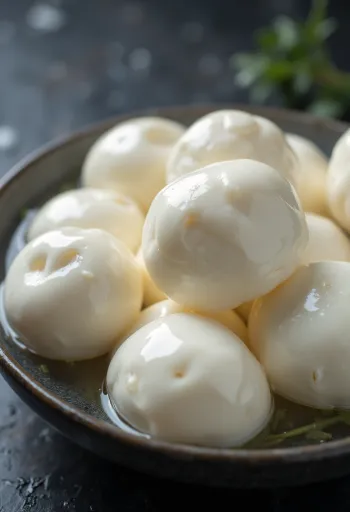 Friss bivaly mozzarella sajt fehér kerámia tálban, fa asztalon