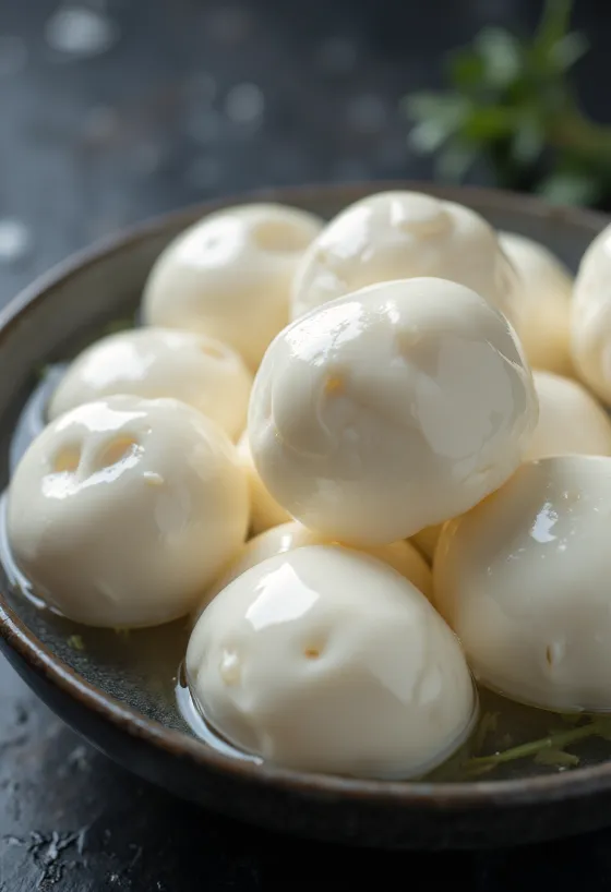 Friss bivaly mozzarella sajt fehér kerámia tálban, fa asztalon
