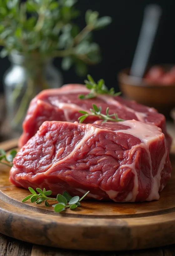 Nyers bölényhús steak vágások fűszerekkel fa deszkán