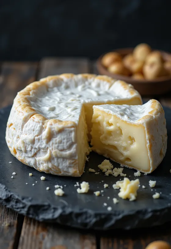 Friss Brie sajt egy fehér kerámia tálban, fa asztalon
