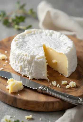 Szeletelt brie sajt fa vágódeszkán, krémes belsővel