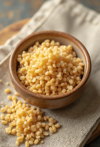 Nyers bulgur kerámiatálban, fa felületen elszórt szemekkel