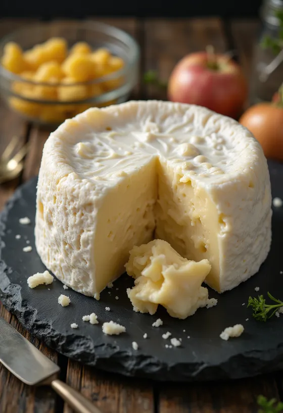 Szeletelt camembert sajt fa deszkán, krémes belsővel