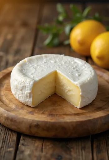 Friss Camembert sajt egy fehér kerámia tálban, fa asztalon