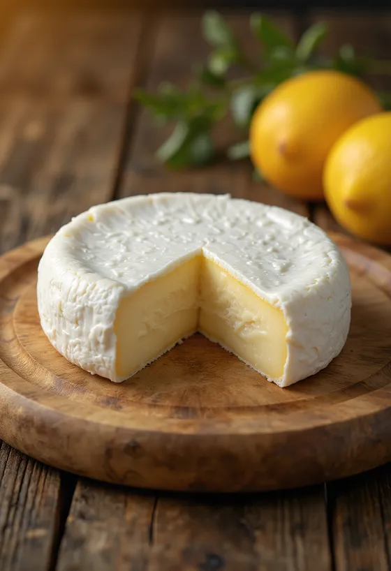 Friss Camembert sajt egy fehér kerámia tálban, fa asztalon