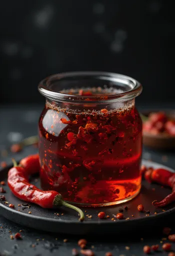 Chili olaj üvegben, mellette tálkában, szárított chili paprikákkal