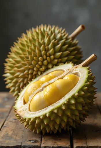 Egész és felvágott durian gyümölcs tüskés héjjal és krémes belső hússal