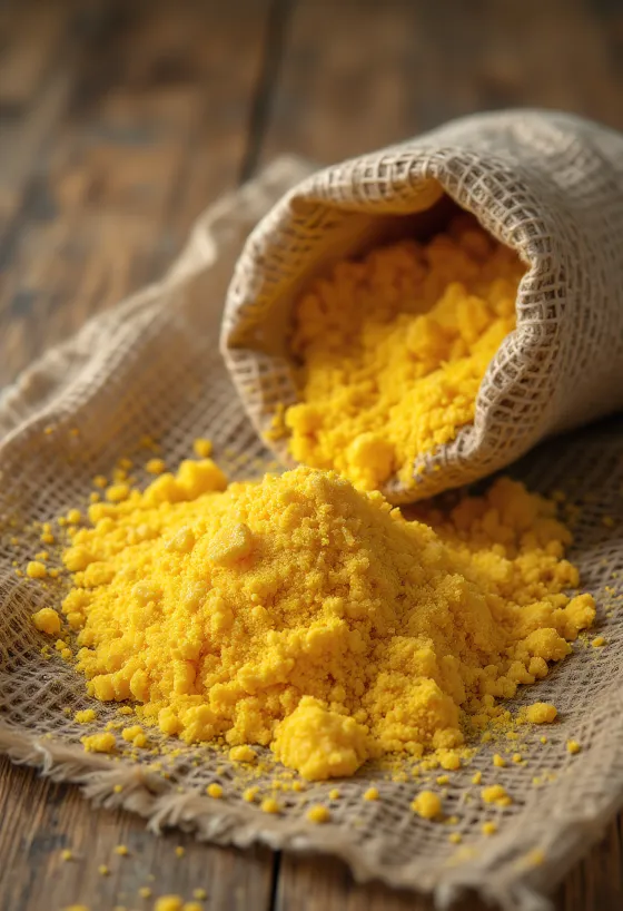Durva őrlésű, aranysárga kukoricaliszt (polenta) fa tálban és szórtan a felületen