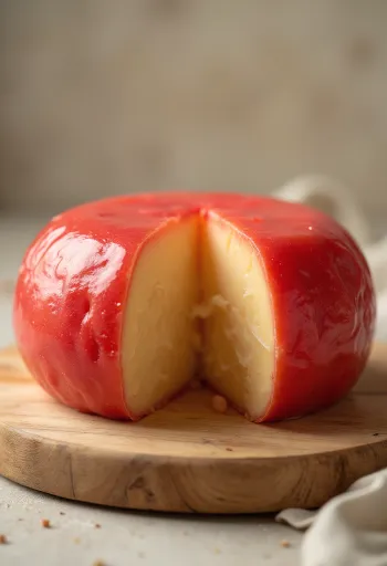 Szeletelt edami sajt vörös viaszbevonattal egy fa sajtvágó deszkán