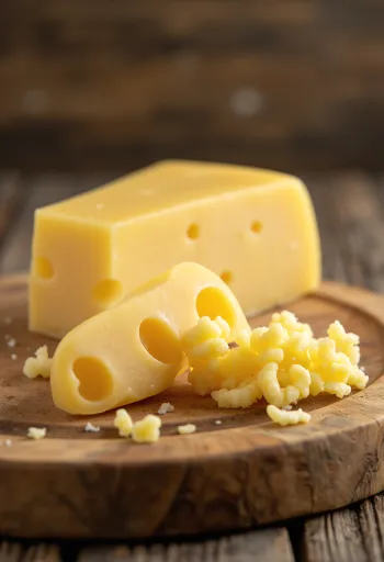 Friss Emmental sajt egy fehér kerámia tálban, fa asztalon