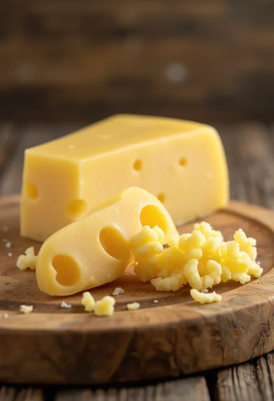 Friss Emmental sajt egy fehér kerámia tálban, fa asztalon
