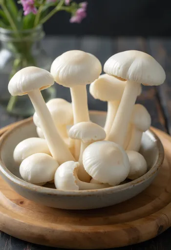 Fehér shimeji gombák szeletelve és megtisztítva vágódeszkán