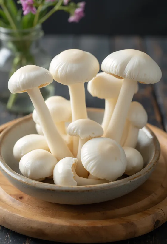 Fehér shimeji gombák szeletelve és megtisztítva vágódeszkán