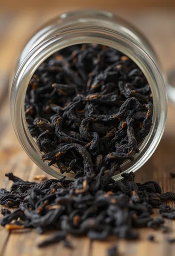 Szálas fekete tea konyhai alapanyagként fakanállal és tálban