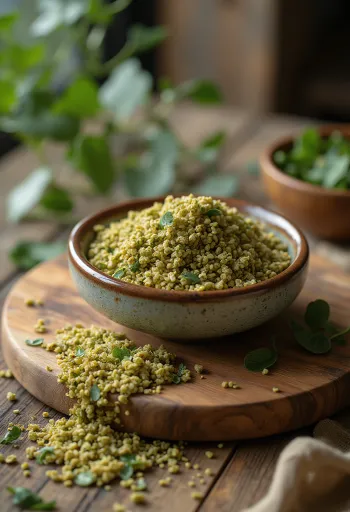 Freekeh gabonaszemek és főtt freekeh tálban fa felületen