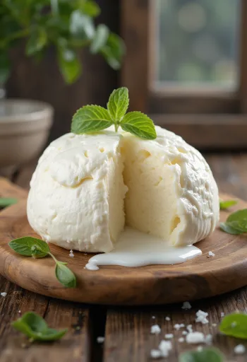 Friss mozzarella tehéntejből fehér kerámia tálban, fa asztalon