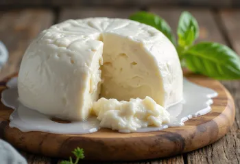 Friss mozzarella tehéntejből fehér kerámia tálban, fa asztalon