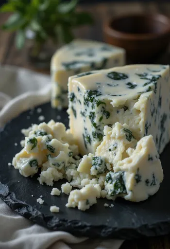 Friss Gorgonzola kéksajt egy fehér kerámia tálban, fa asztalon