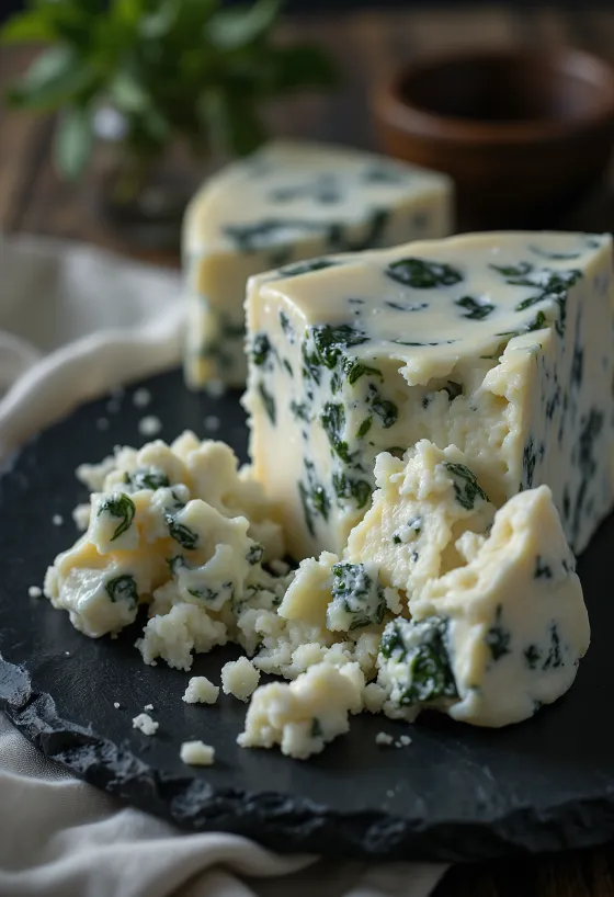 Friss Gorgonzola kéksajt egy fehér kerámia tálban, fa asztalon