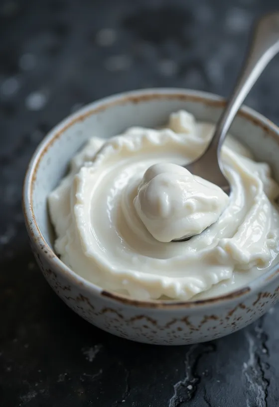 Sűrű görög joghurt kis kerámiatálban, mellette kanál sűrű joghurttal