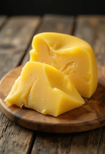 Friss Gouda sajt egy fehér kerámia tálban, fa asztalon