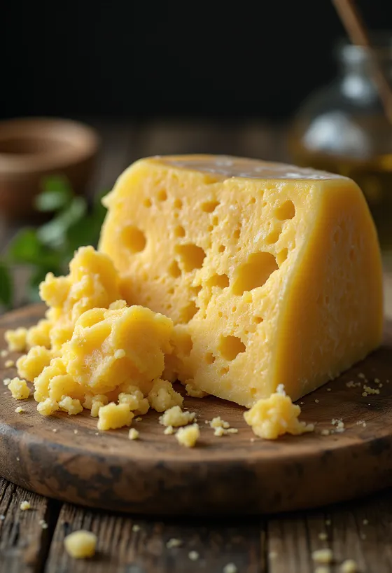 Friss Grana Padano sajt egy fehér kerámia tálban, fa asztalon