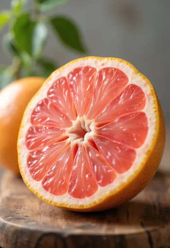 Friss, félbevágott grapefruit egy fa felületen zöld levelekkel