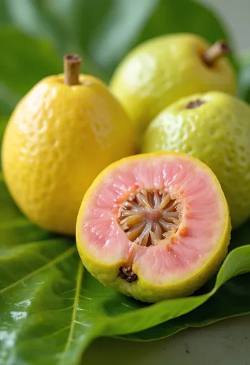 Friss guava gyümölcsök felvágva, rózsaszín hússal és zöld héjjal fa felületen