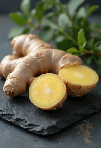 Friss gyömbér és szeletelt gyömbér konyhai deszkán