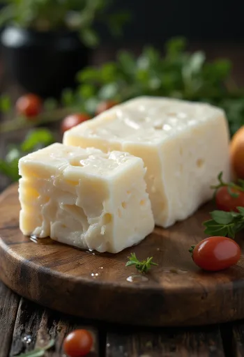Friss halloumi sajt egy fehér kerámia tálban, fa asztalon